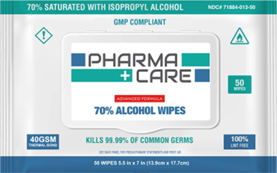 Wipe, Pharmacare 70 percent Alcohol Wipes, 5.5in x 7in, 50 per pk